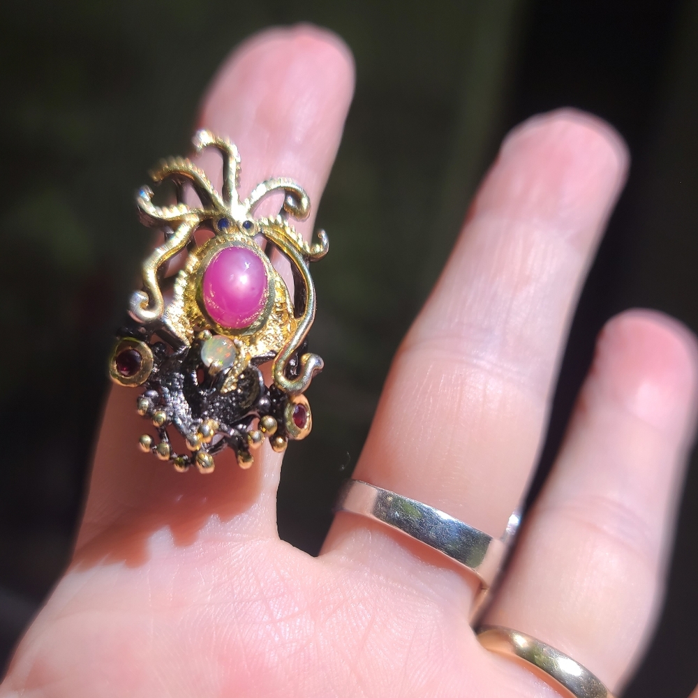 Star Ruby Opal & Garnet sterling rhodium & gold ring sz7 - Picture 4 of 8